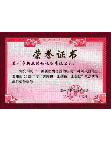 Honorary certificate of excellent project 
